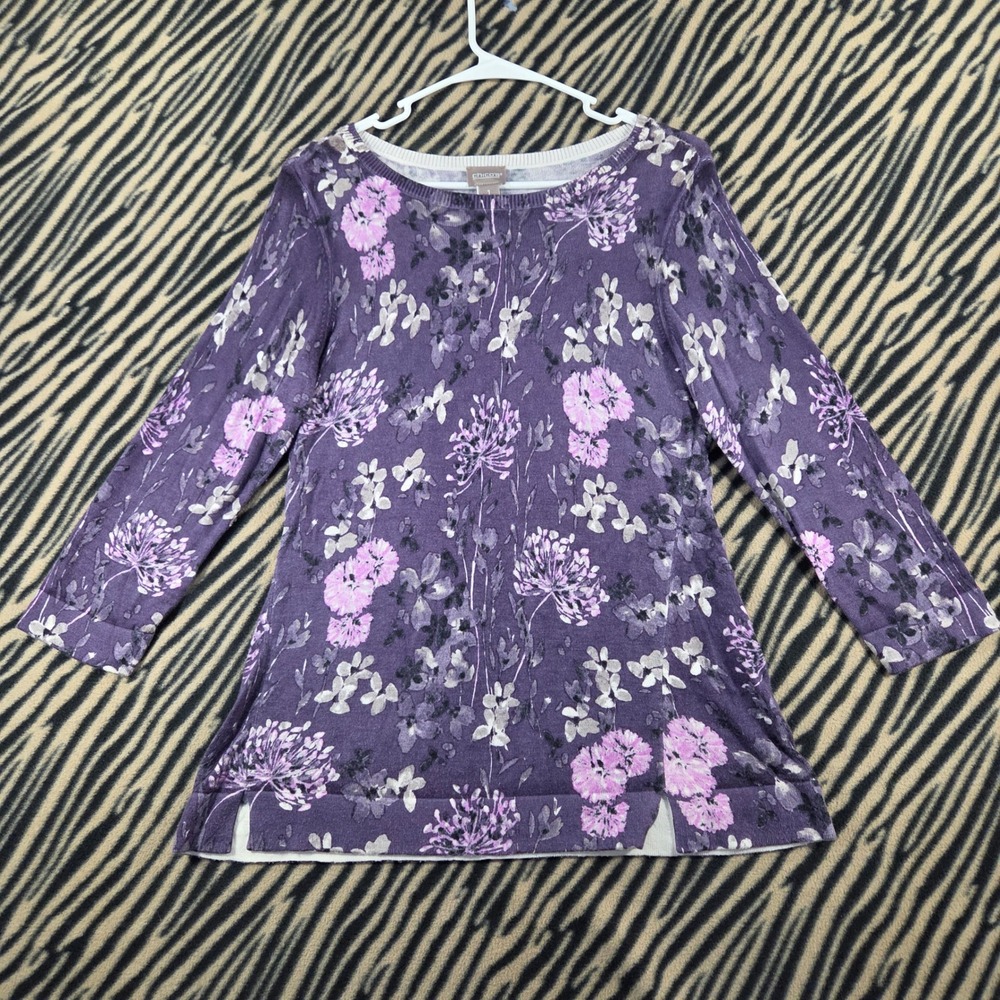 Chicos Purple Floral Knit Top 3/4 Sleeve Cashmere Blend Pullover Sweater Size 1